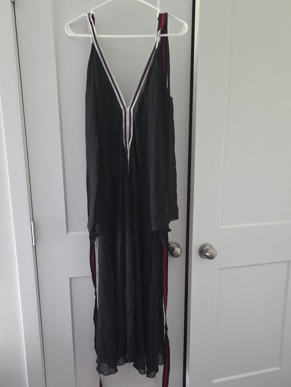 Black V-Neck Sleeveless Sheer Maxi Dress with Stripe Trim